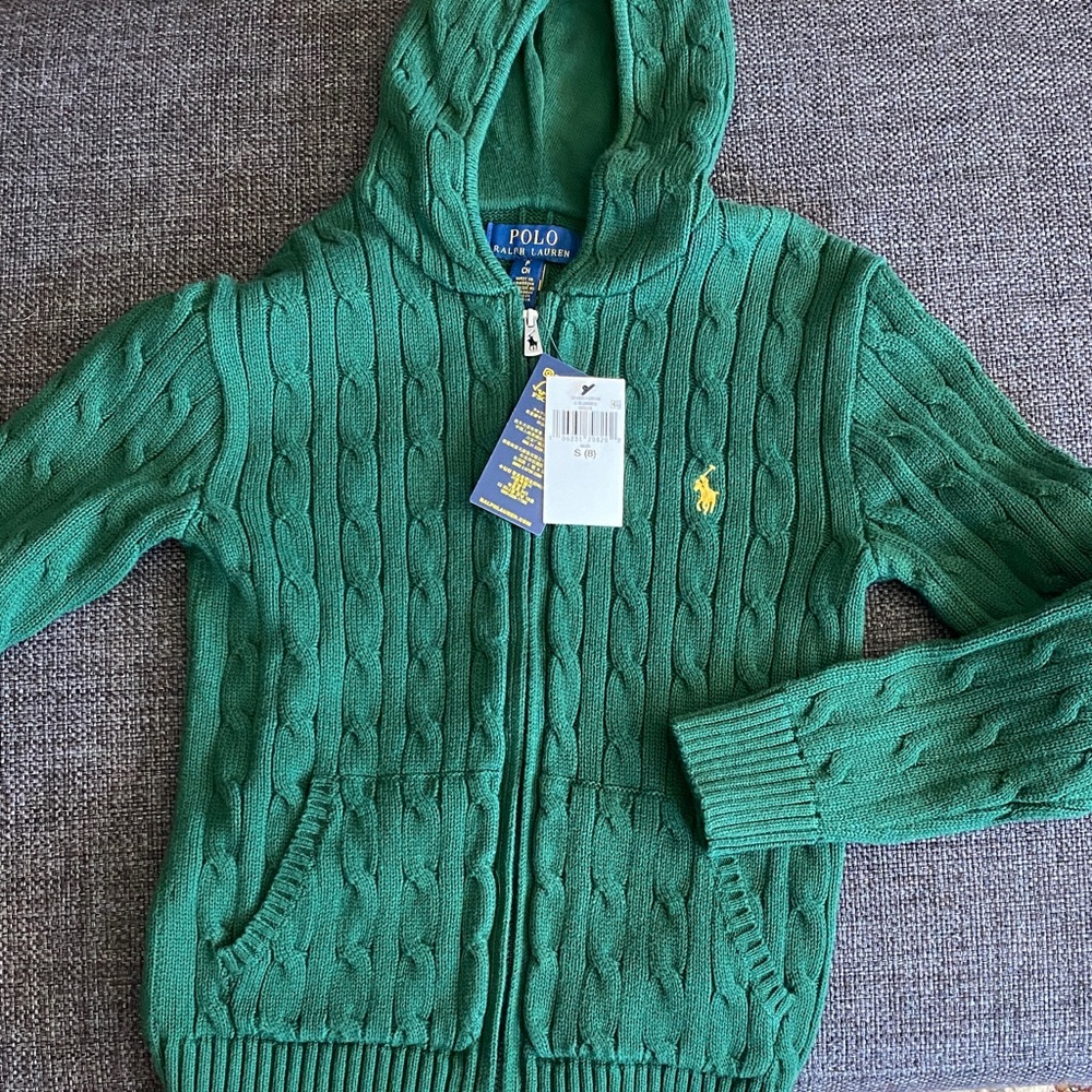 NWT Green Polo Ralph Lauren Hooded Zip Cable Knit Sweater, Boys S/8